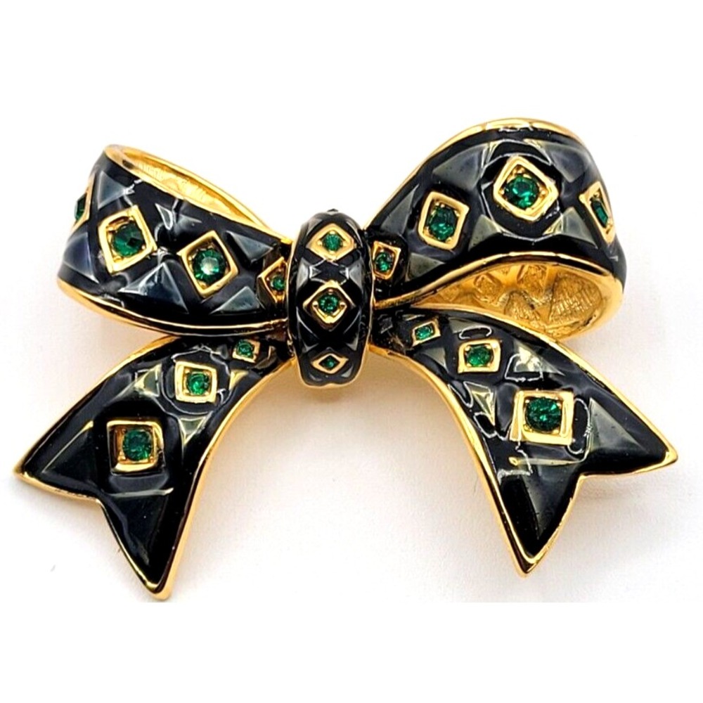 JOAN RIVERS BLACK BOW BROOCH PIN ENAMEL SWAROVSKI BLACK‎ & GREEN SIGNED